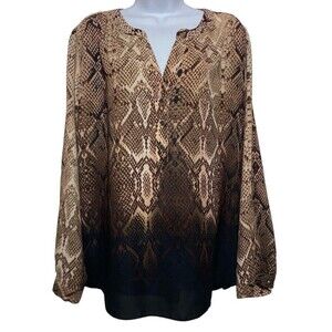 Zac Rachel Top Women 2X Brown Reptile Print Long Roll Tab Sleeve Lightweight